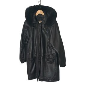 Brown XS Vintage Leather Women's Fox & Rabbit Fur Lined Hood Winter Coat